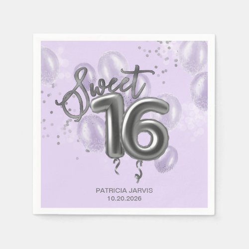 Silver Foil Sweet 16 Birthday Balloons Lavender Napkins