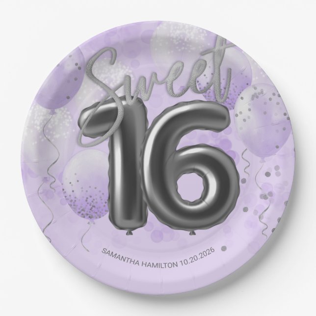 Silver Foil Sweet 16 Birthday Balloons Lavender Pa Paper Plates (Front)