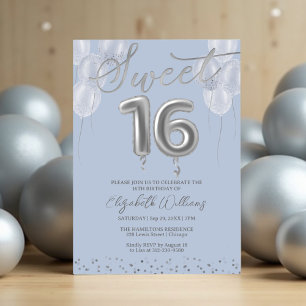 Silver Foil Sweet 16 Birthday Balloons Party Blue Invitation