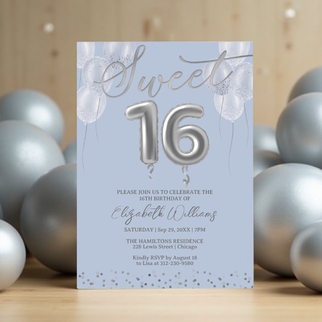 Silver Foil Sweet 16 Birthday Balloons Party Blue Invitation (Creator Uploaded)