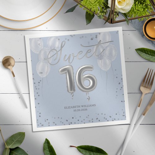 Silver Foil Sweet 16 Birthday Balloons Party Blue  Napkins