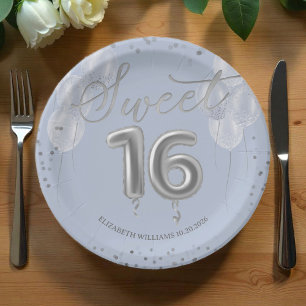 Silver Foil Sweet 16 Birthday Balloons Party Blue  Paper Plates