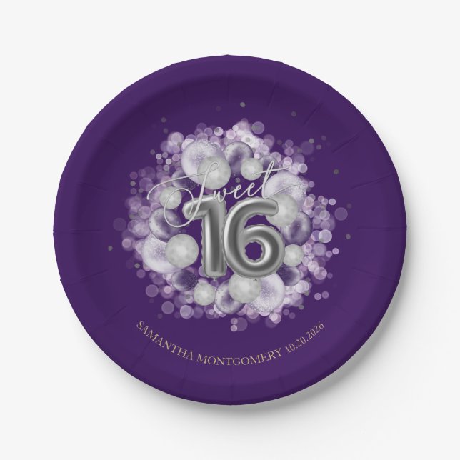 Silver Foil Sweet 16 Birthday Balloons Party Paper Plates (Front)