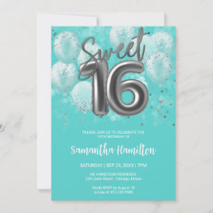 Silver Foil Sweet 16 Birthday Balloons Party Teal Invitation