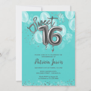 Silver Foil Sweet 16 Birthday Balloons Party Teal Invitation