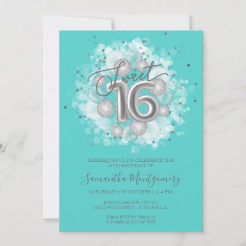 Silver Foil Sweet 16 Birthday Balloons Party Teal Invitation