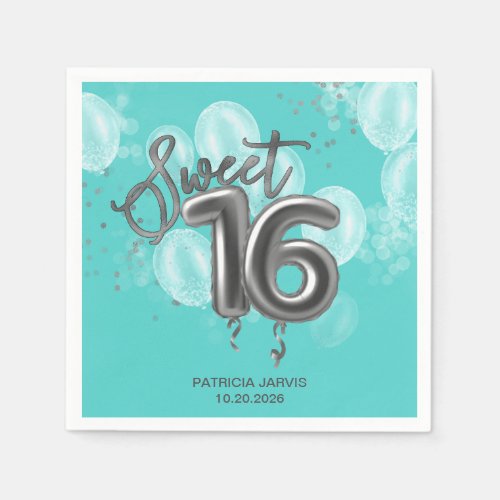 Silver Foil Sweet 16 Birthday Balloons Party Teal Napkins