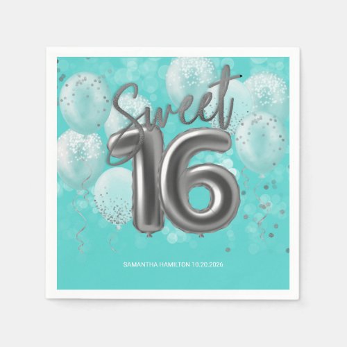 Silver Foil Sweet 16 Birthday Balloons Party Teal Napkins