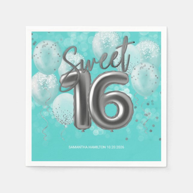 Silver Foil Sweet 16 Birthday Balloons Party Teal Napkins (Front)