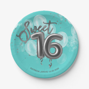 Silver Foil Sweet 16 Birthday Balloons Party Teal Paper Plates
