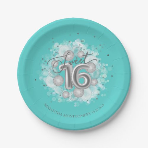 Silver Foil Sweet 16 Birthday Balloons Party Teal Paper Plates