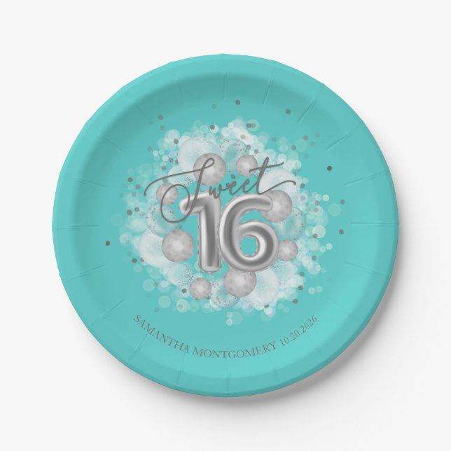 Silver Foil Sweet 16 Birthday Balloons Party Teal Paper Plates (Front)