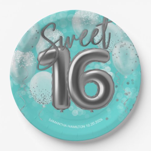 Silver Foil Sweet 16 Birthday Balloons Party Teal Paper Plates