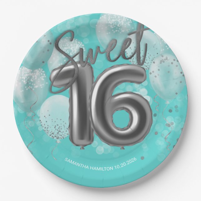 Silver Foil Sweet 16 Birthday Balloons Party Teal Paper Plates (Front)