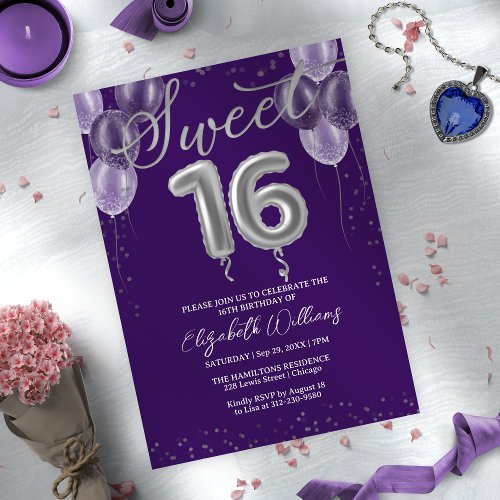 Silver Foil Sweet 16 Birthday Balloons Purple Invi Invitation