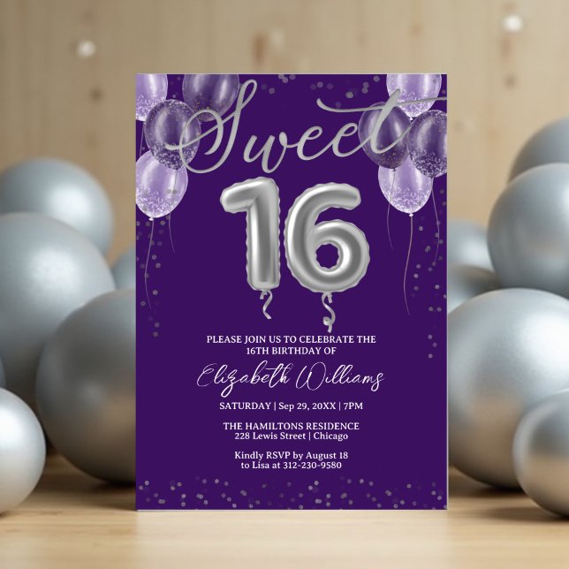 Silver Foil Sweet 16 Birthday Balloons Purple Invitation (Creator Uploaded)