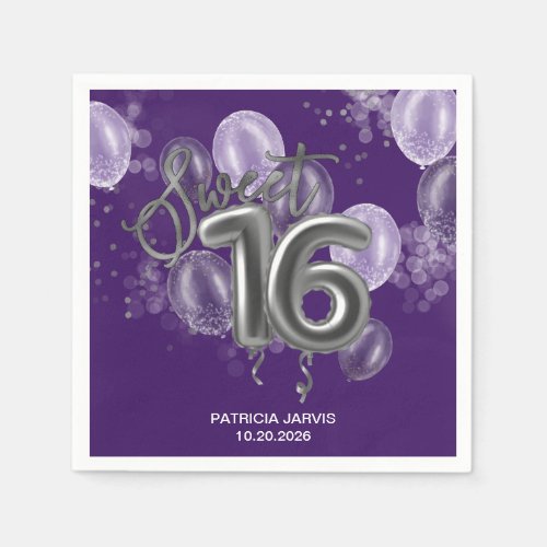 Silver Foil Sweet 16 Birthday Balloons Purple Napkins