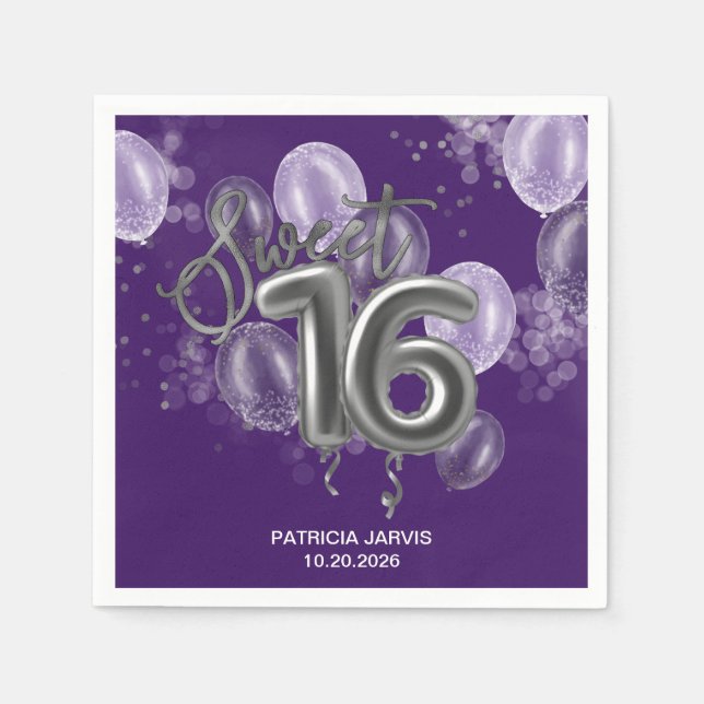 Silver Foil Sweet 16 Birthday Balloons Purple Napkins (Front)