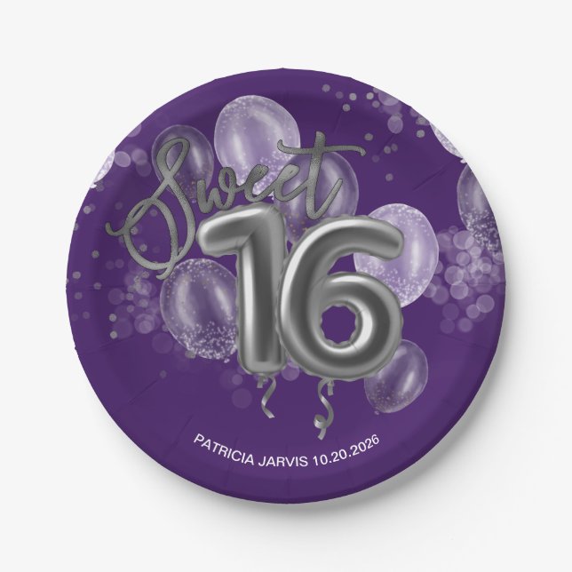 Silver Foil Sweet 16 Birthday Balloons Purple Paper Plates (Front)