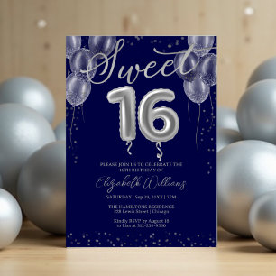 Silver Foil Sweet 16 Birthday Balloons Royal Blue Invitation