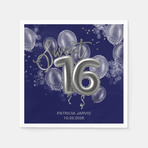 Silver Foil Sweet 16 Birthday Balloons Royal Blue Napkins