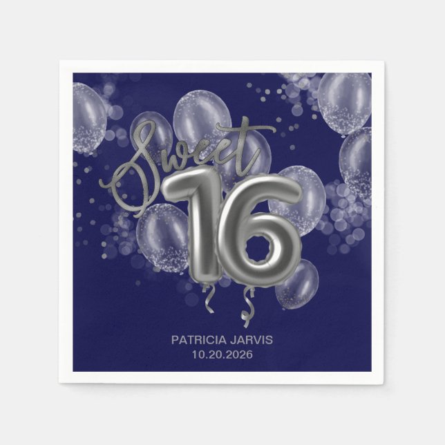 Silver Foil Sweet 16 Birthday Balloons Royal Blue Napkins (Front)