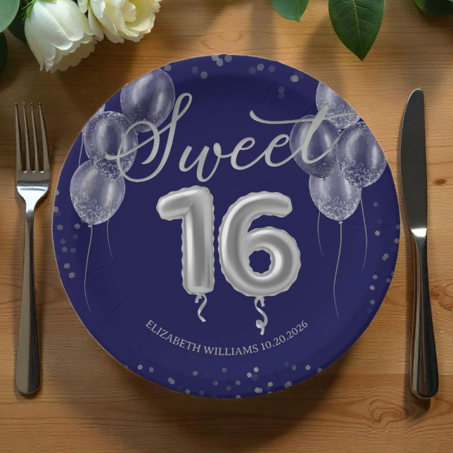 Silver Foil Sweet 16 Birthday Balloons Royal Blue  Paper Plates (Creator Uploaded)