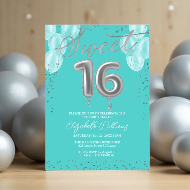 Silver Foil Sweet 16 Birthday Balloons Royal Teal Invitation (Creator Uploaded)