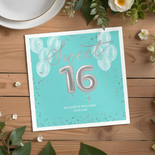 Silver Foil Sweet 16 Birthday Balloons Royal Teal Napkins