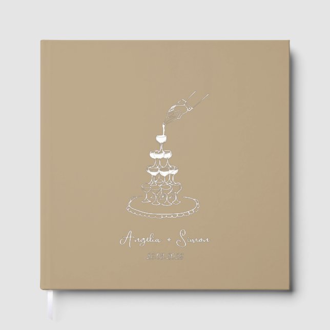 Silver Foil Taupe Champagne Tower Wedding Foil Guest Book (Front)