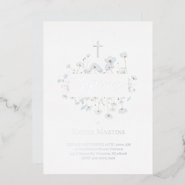 silver foil text Baptism delicate flowers Foil Invitation (Front/Back)