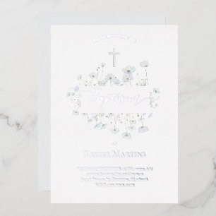 silver foil text Baptism delicate flowers Invitation