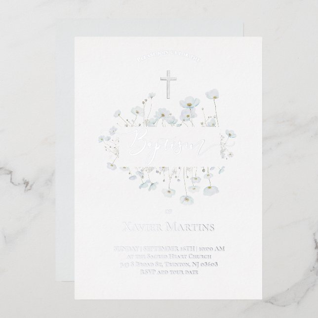 silver foil text Baptism delicate flowers Invitation (Front/Back)