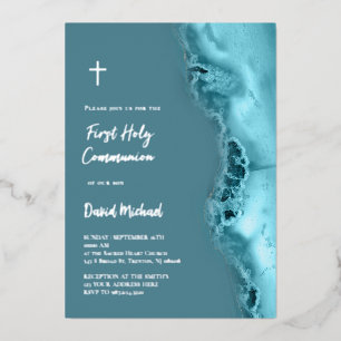 silver foil text First Communion Invitation