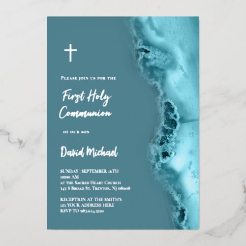 silver foil text  First Communion Invitation