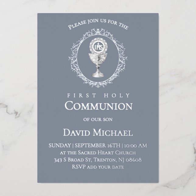 Silver foil text First Holy Communion boy Foil Invitation (Front)