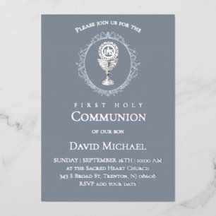 Silver foil text First Holy Communion boy Invitation