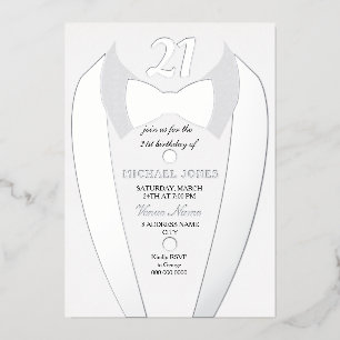 Silver Foil Tuxedo Suit Mens 21st Birthday Party Invitation
