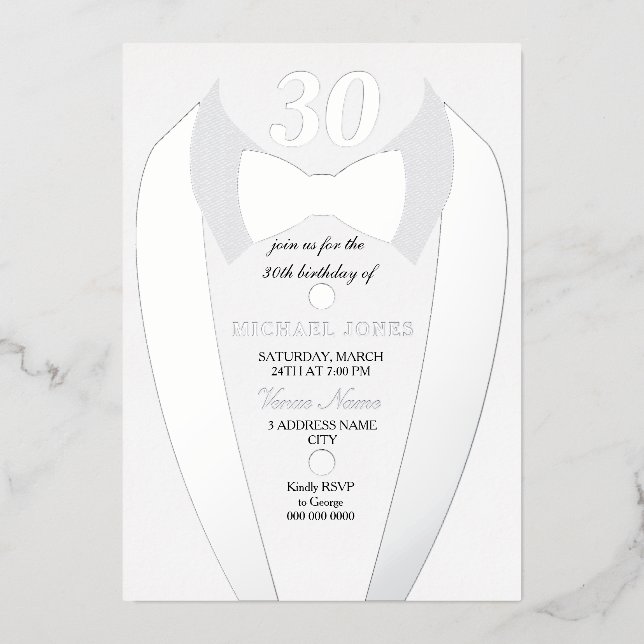 Silver Foil Tuxedo Suit Mens 30th Birthday Party Foil Invitation (Front)