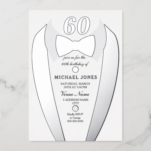 Silver Foil Tuxedo Suit Mens 60th Birthday Party Foil Invitation