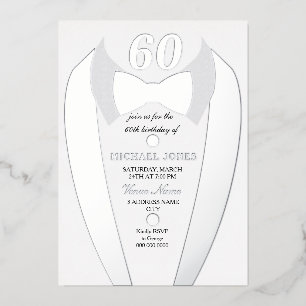 Silver Foil Tuxedo Suit Mens 60th Birthday Party Invitation