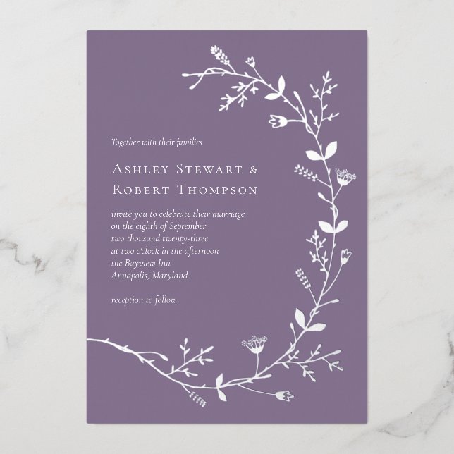 Silver Foil Vine Scroll Wedding, Dusty Purple Foil Invitation (Front)