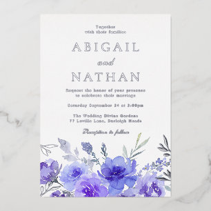 Silver Foil & Violet Purple Floral Wedding Foil Invitation