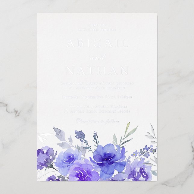 Silver Foil & Violet Purple Floral Wedding Foil Invitation (Front)