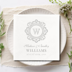 Silver Foil Wedding Ornate Floral Monogram Napkins