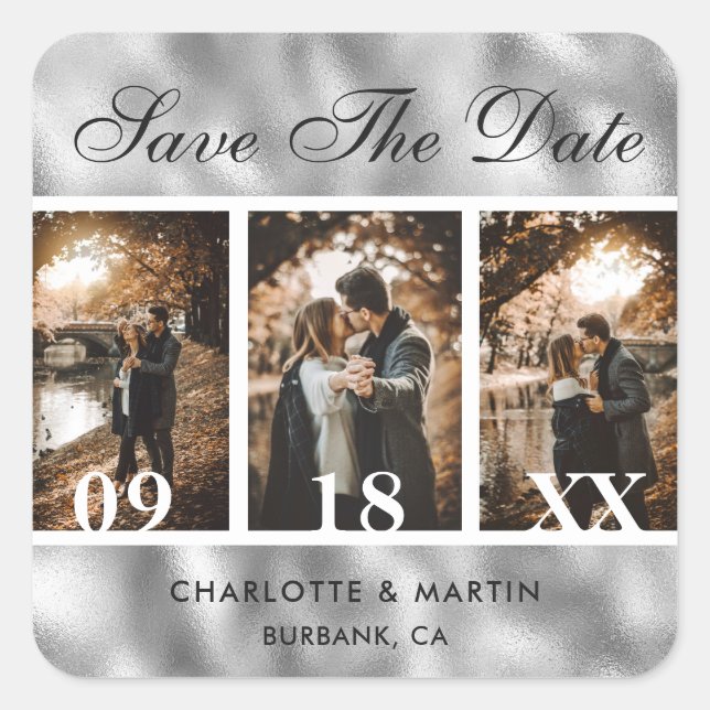 Silver Foil Wedding Photo Save The Date Stickers (Front)