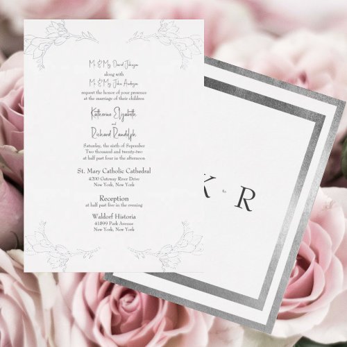 Silver Foil White Two Venue Both Parents Wedding   Foil Invitation