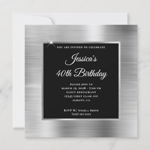 Silver Foil with Black Overlay 40th Birthday Invitation