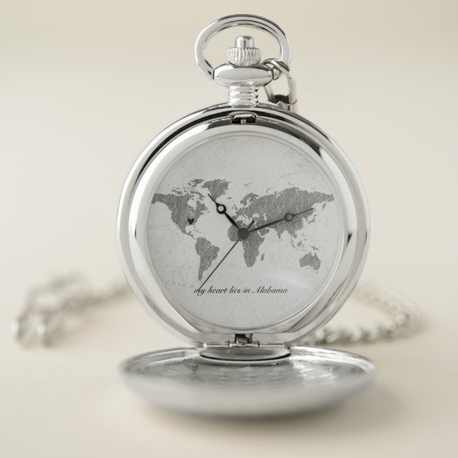 Silver Foil World Map Moveable Heart Location Pocket Watch (Inside)