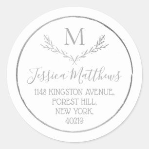 Silver Foil Wreath Custom Monogram Return Address Classic Round Sticker